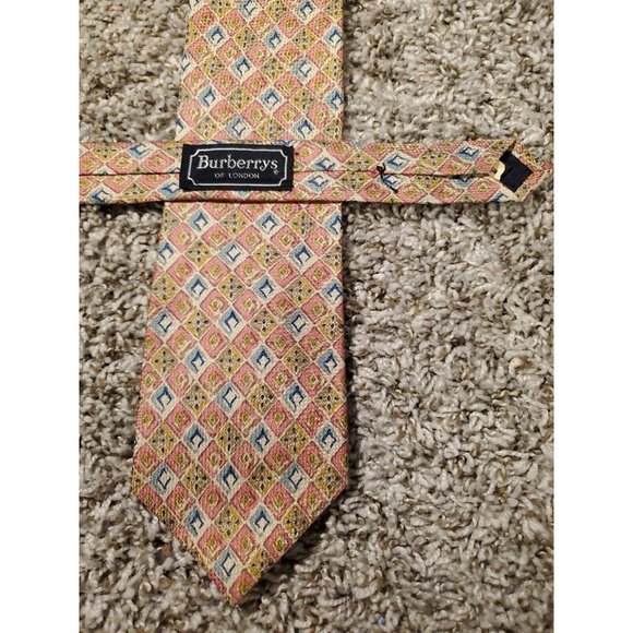 Burberrys Of London Men's Tie Brown Pink and Blue Geometric Silk Necktie - Picture 2 of 7